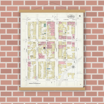 Old map wall art mockup — magnetic wood frame on brick wall — Sanborn Fire Insurance Map from Shenandoah, Schuylkill County, Pennsylvania (1908), Sheet #0006