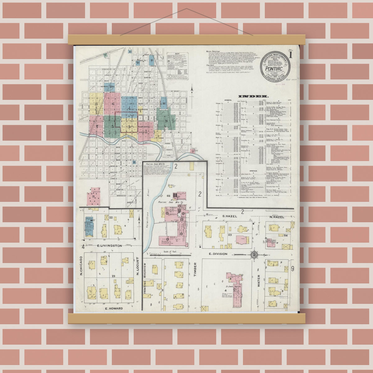 Old map wall art mockup — magnetic wood frame on brick wall — Sanborn Fire Insurance Map from Pontiac, Livingston County, Illinois (1910) - Complete Map Set