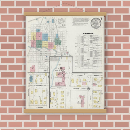 Old map wall art mockup — magnetic wood frame on brick wall — Sanborn Fire Insurance Map from Pontiac, Livingston County, Illinois (1910) - Complete Map Set