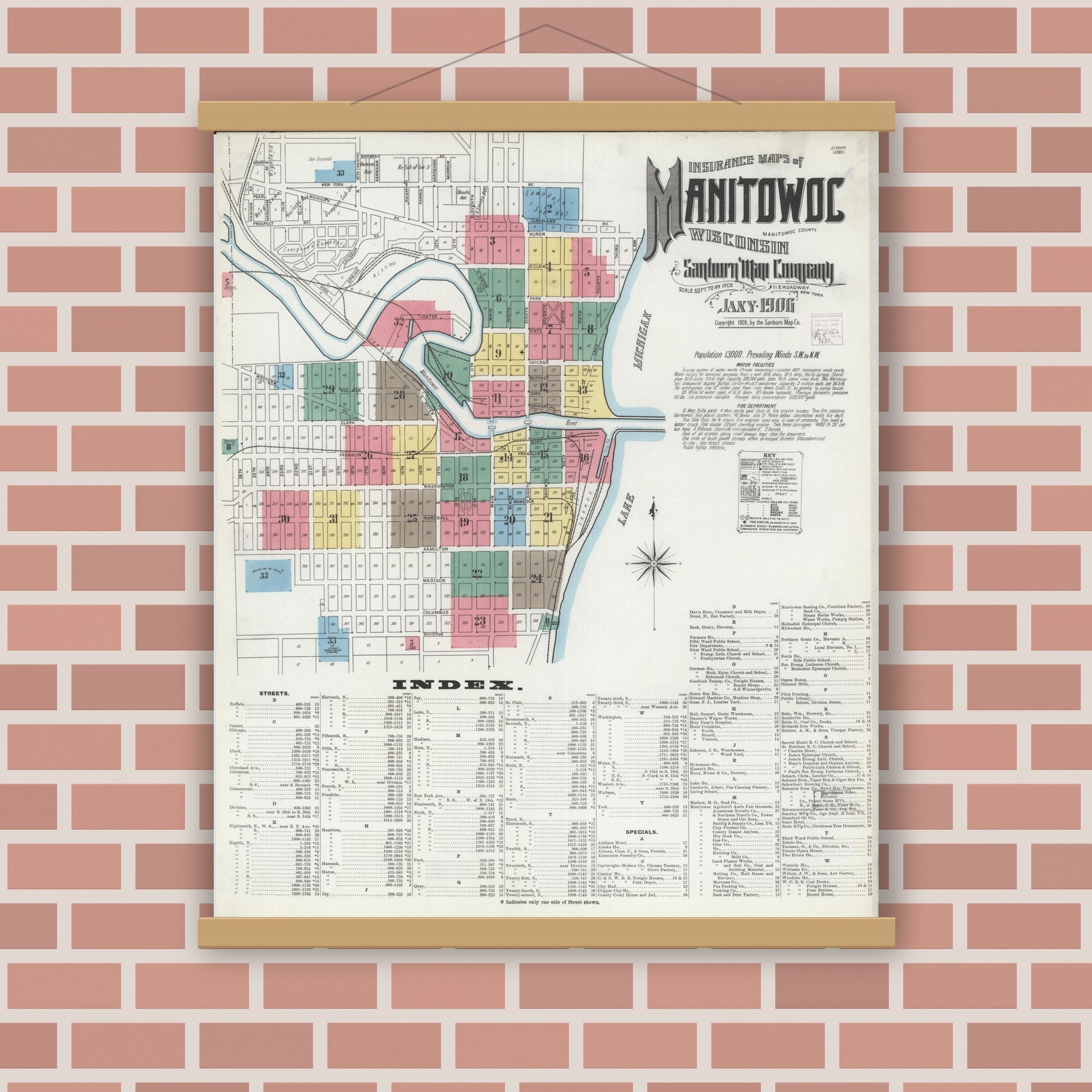 Old map wall art mockup — magnetic wood frame on brick wall — Sanborn Fire Insurance Map from Manitowoc, Manitowoc County, Wisconsin (1906) - Complete Map Set