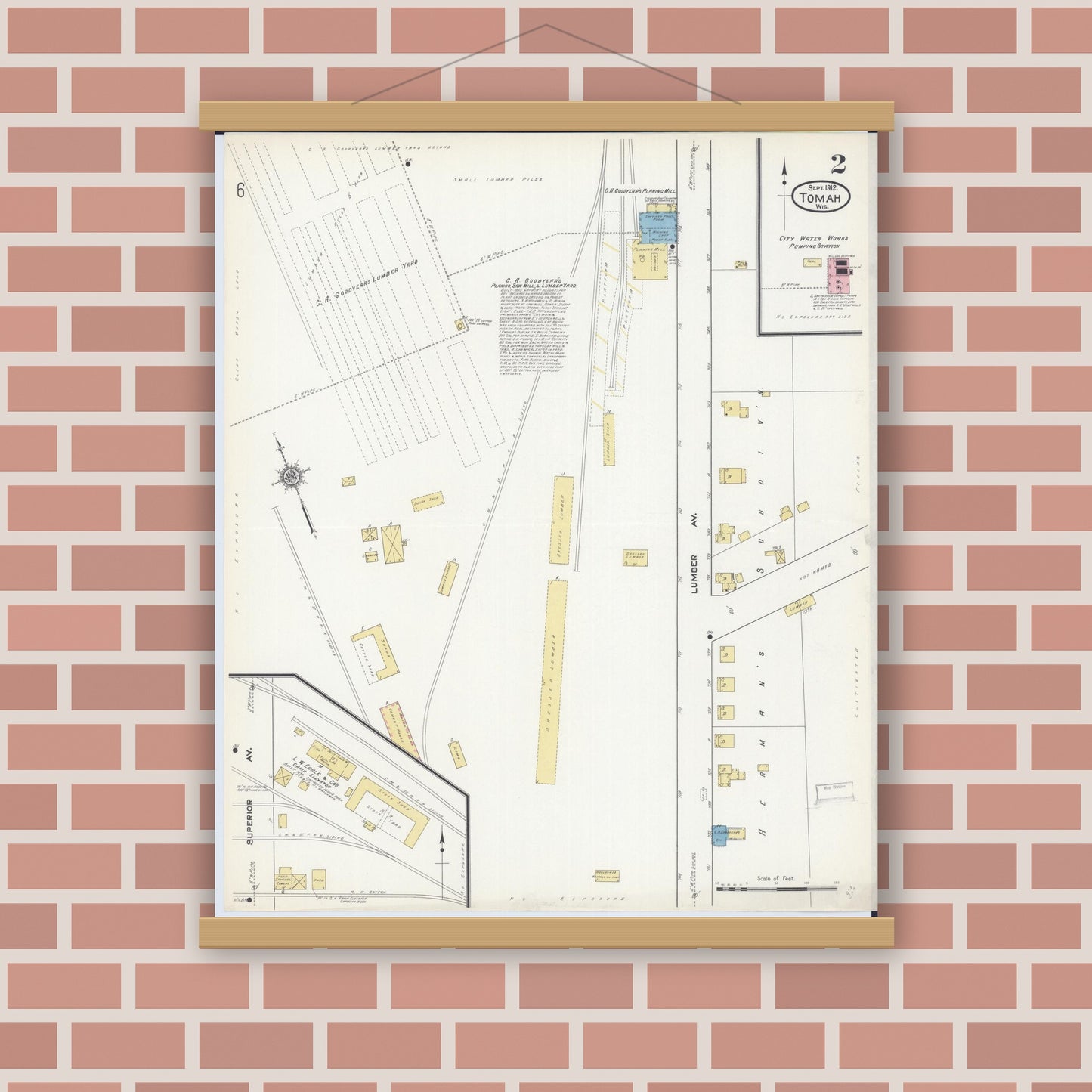 Old map wall art mockup — magnetic wood frame on brick wall — Sanborn Fire Insurance Map from Tomah, Monroe County, Wisconsin (1912), Sheet #0002
