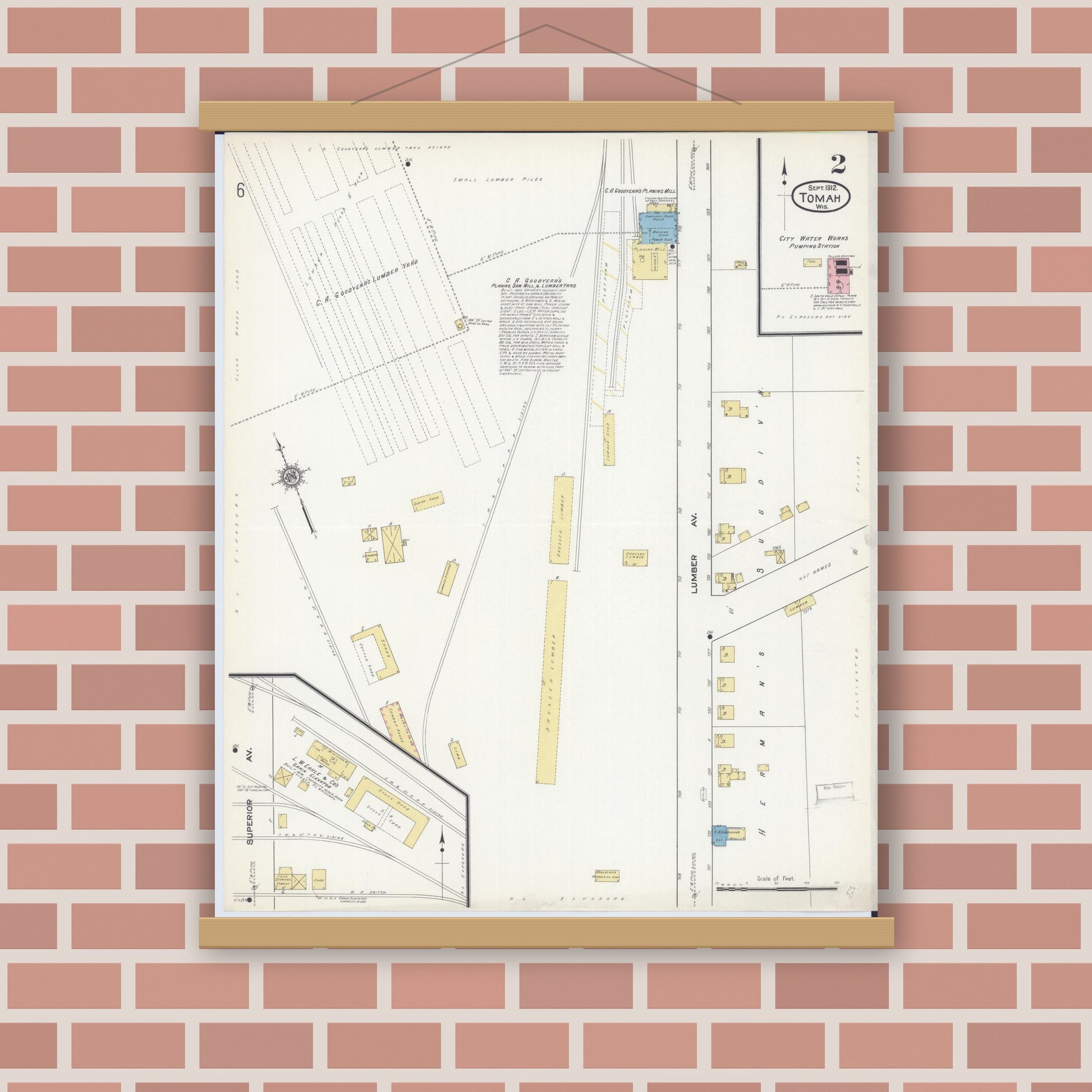 Old map wall art mockup — magnetic wood frame on brick wall — Sanborn Fire Insurance Map from Tomah, Monroe County, Wisconsin (1912), Sheet #0002