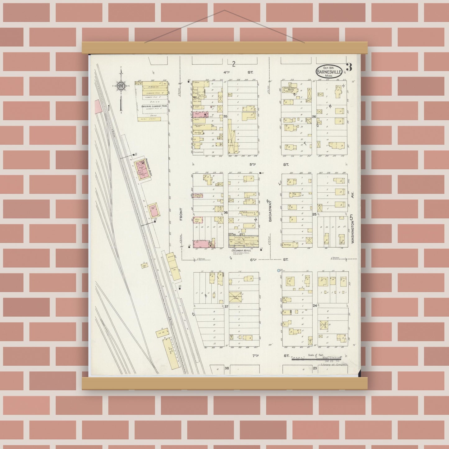 Old map wall art mockup — magnetic wood frame on brick wall — Sanborn Fire Insurance Map from Barnesville, Clay County, Minnesota (1914), Sheet #0003