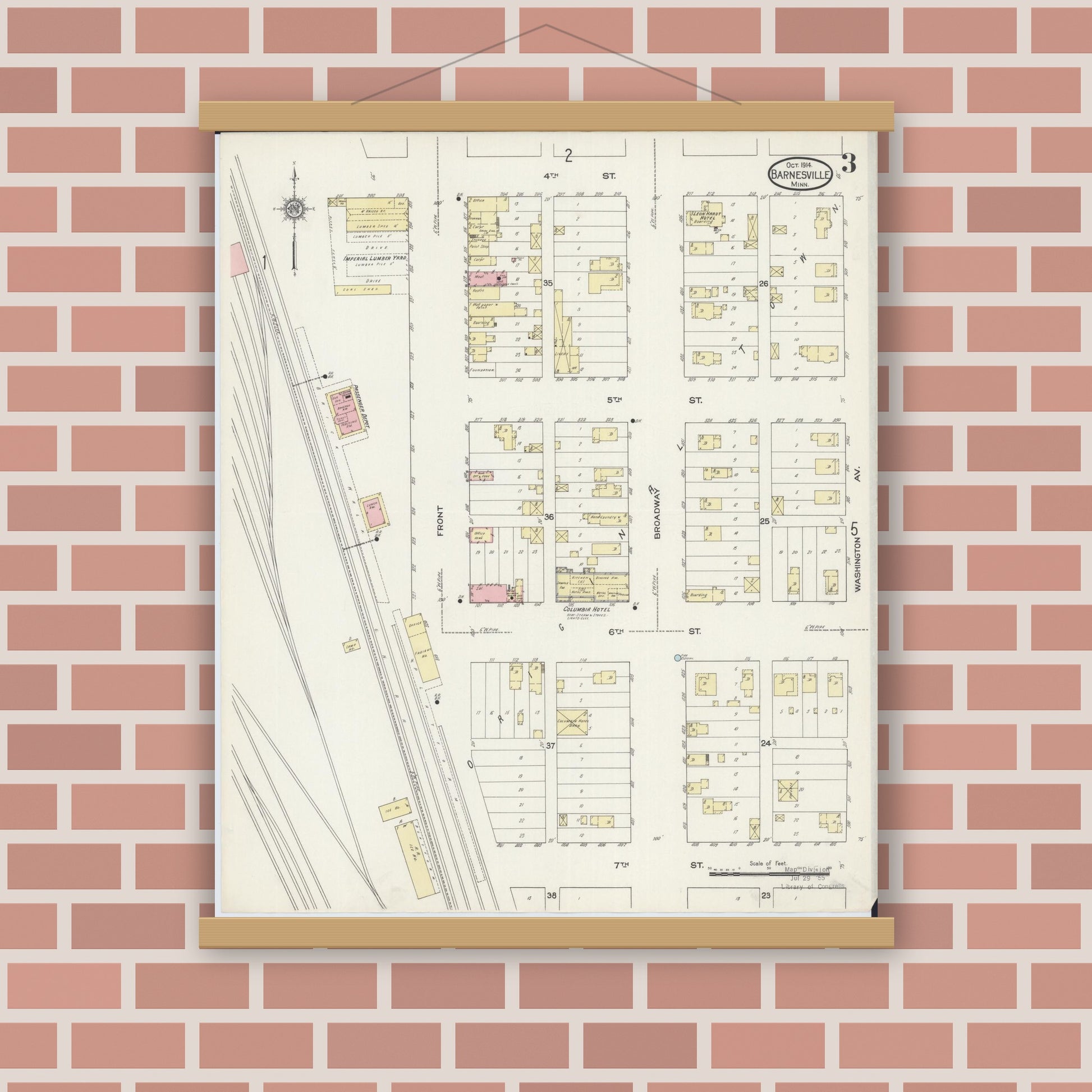 Old map wall art mockup — magnetic wood frame on brick wall — Sanborn Fire Insurance Map from Barnesville, Clay County, Minnesota (1914), Sheet #0003