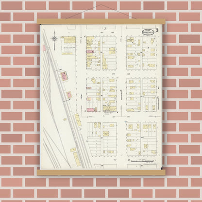 Old map wall art mockup — magnetic wood frame on brick wall — Sanborn Fire Insurance Map from Barnesville, Clay County, Minnesota (1914), Sheet #0003