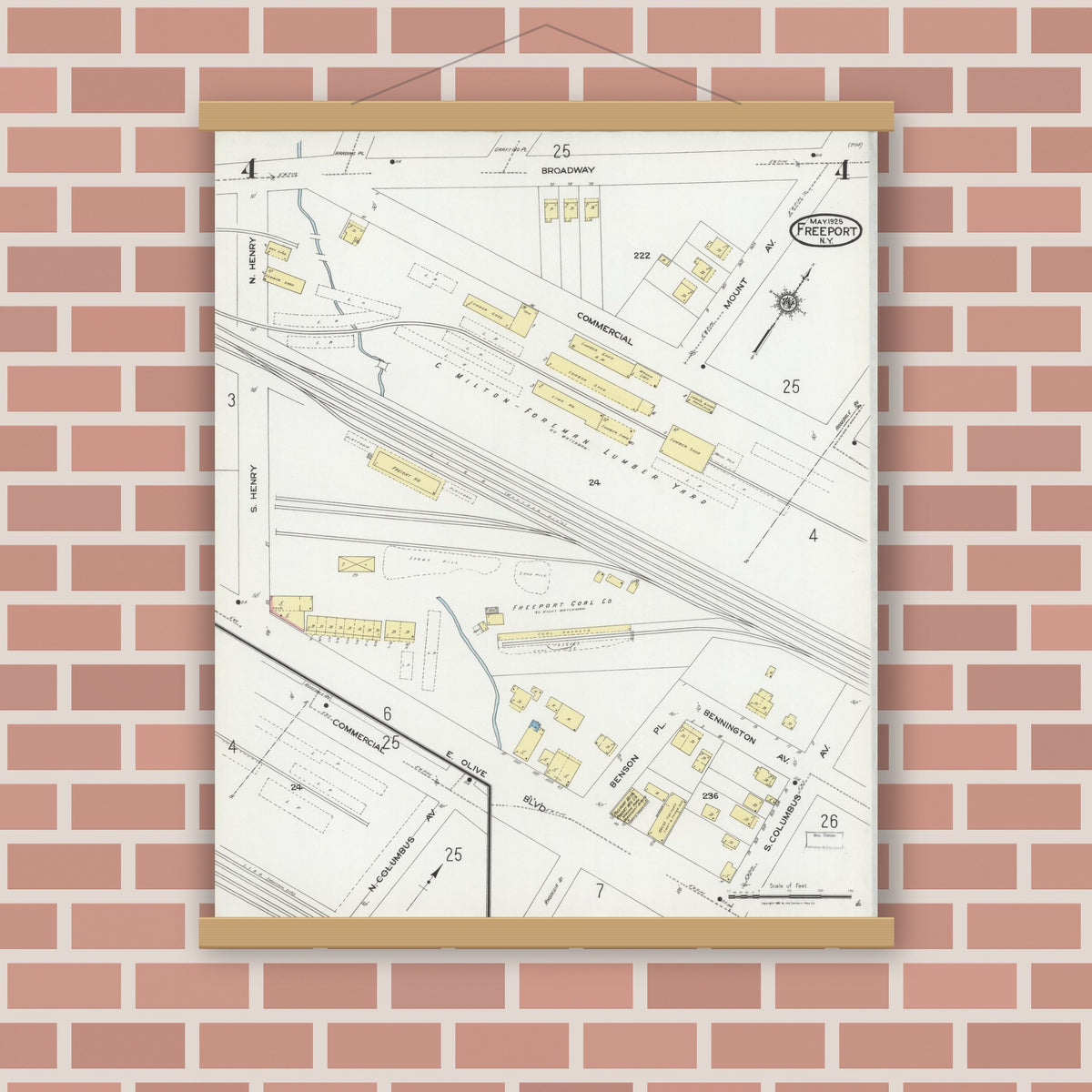 Old map wall art mockup — magnetic wood frame on brick wall — Sanborn Fire Insurance Map from Freeport, Nassau County, New York (1925), Sheet #0004