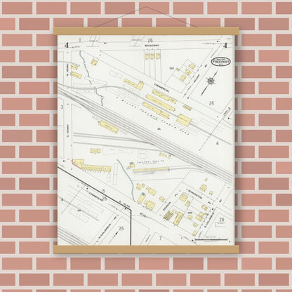Old map wall art mockup — magnetic wood frame on brick wall — Sanborn Fire Insurance Map from Freeport, Nassau County, New York (1925), Sheet #0004