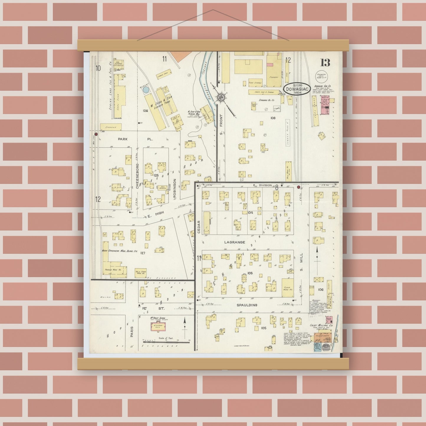Old map wall art mockup — magnetic wood frame on brick wall — Sanborn Fire Insurance Map from Dowagiac, Cass County, Michigan (1913), Sheet #0013