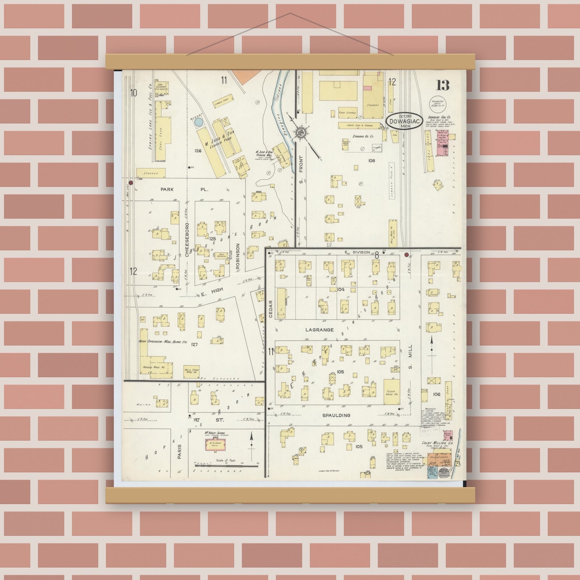 Old map wall art mockup — magnetic wood frame on brick wall — Sanborn Fire Insurance Map from Dowagiac, Cass County, Michigan (1913), Sheet #0013