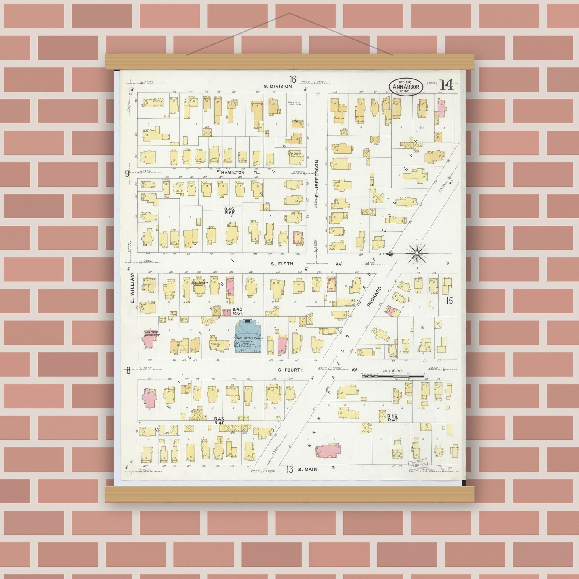 Old map wall art mockup — magnetic wood frame on brick wall — Sanborn Fire Insurance Map from Ann Arbor, Washtenaw County, Michigan (1908), Sheet #0014
