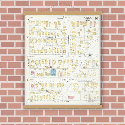 Old map wall art mockup — magnetic wood frame on brick wall — Sanborn Fire Insurance Map from Ann Arbor, Washtenaw County, Michigan (1908), Sheet #0014