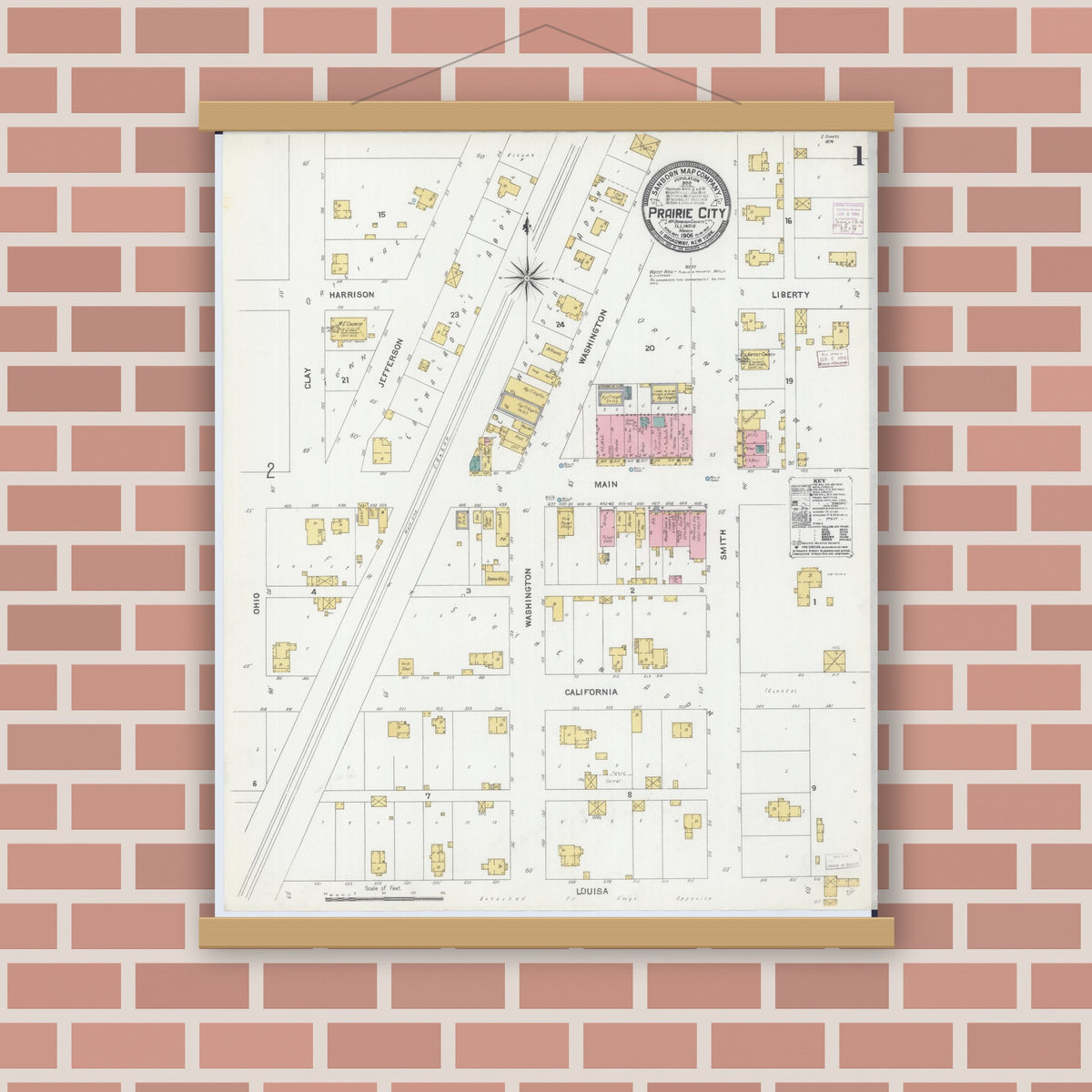 Old map wall art mockup — magnetic wood frame on brick wall — Sanborn Fire Insurance Map from Prairie City, Mcdonough County, Illinois (1906) - Complete Map Set
