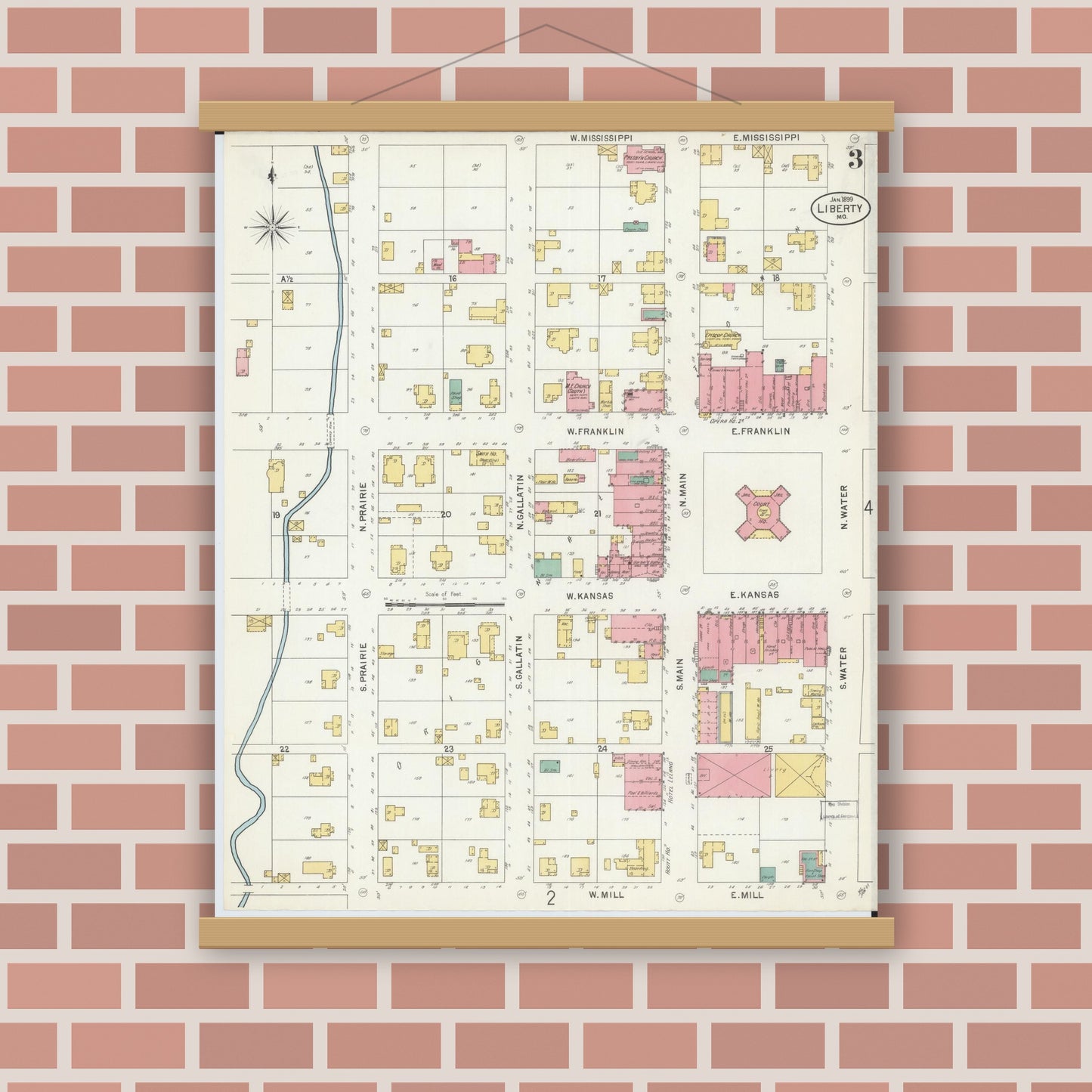 Old map wall art mockup — magnetic wood frame on brick wall — Sanborn Fire Insurance Map from Liberty, Clay County, Missouri (1899), Sheet #0003