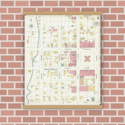 Old map wall art mockup — magnetic wood frame on brick wall — Sanborn Fire Insurance Map from Liberty, Clay County, Missouri (1899), Sheet #0003