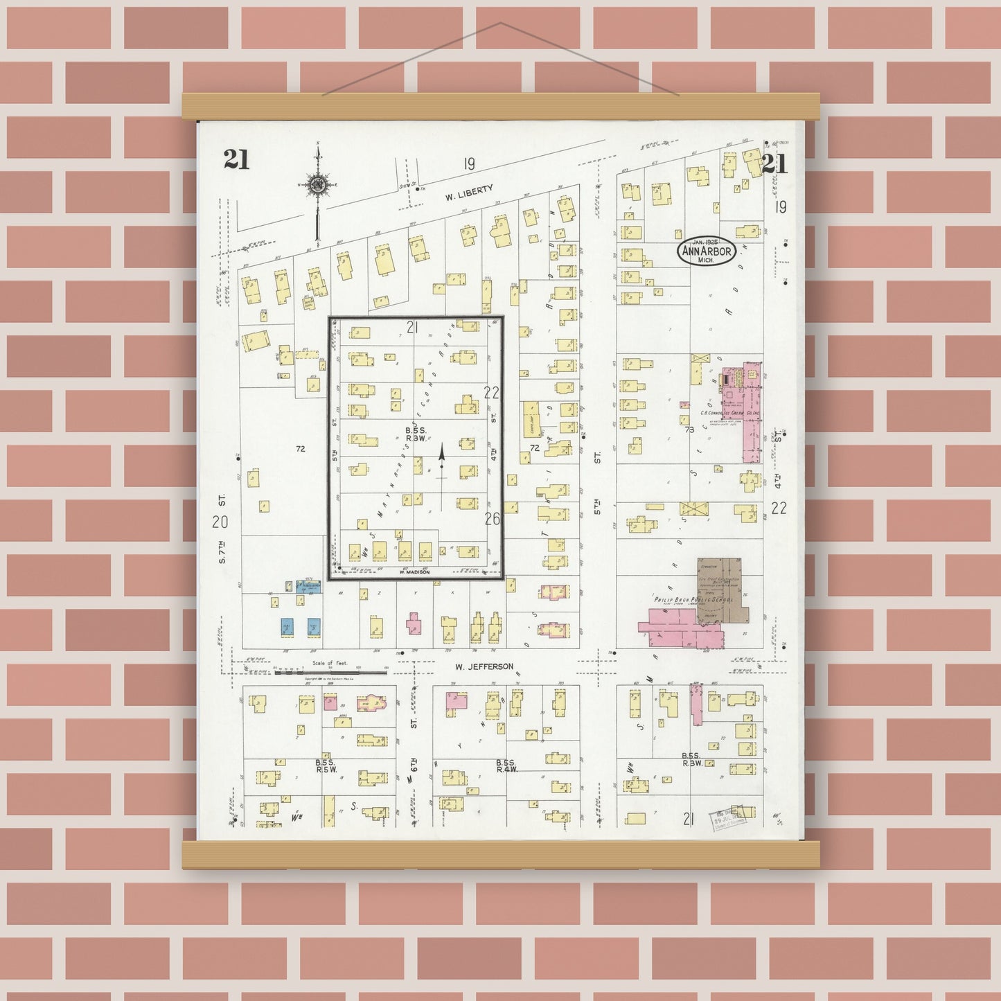Old map wall art mockup — magnetic wood frame on brick wall — Sanborn Fire Insurance Map from Ann Arbor, Washtenaw County, Michigan (1925), Sheet #0021