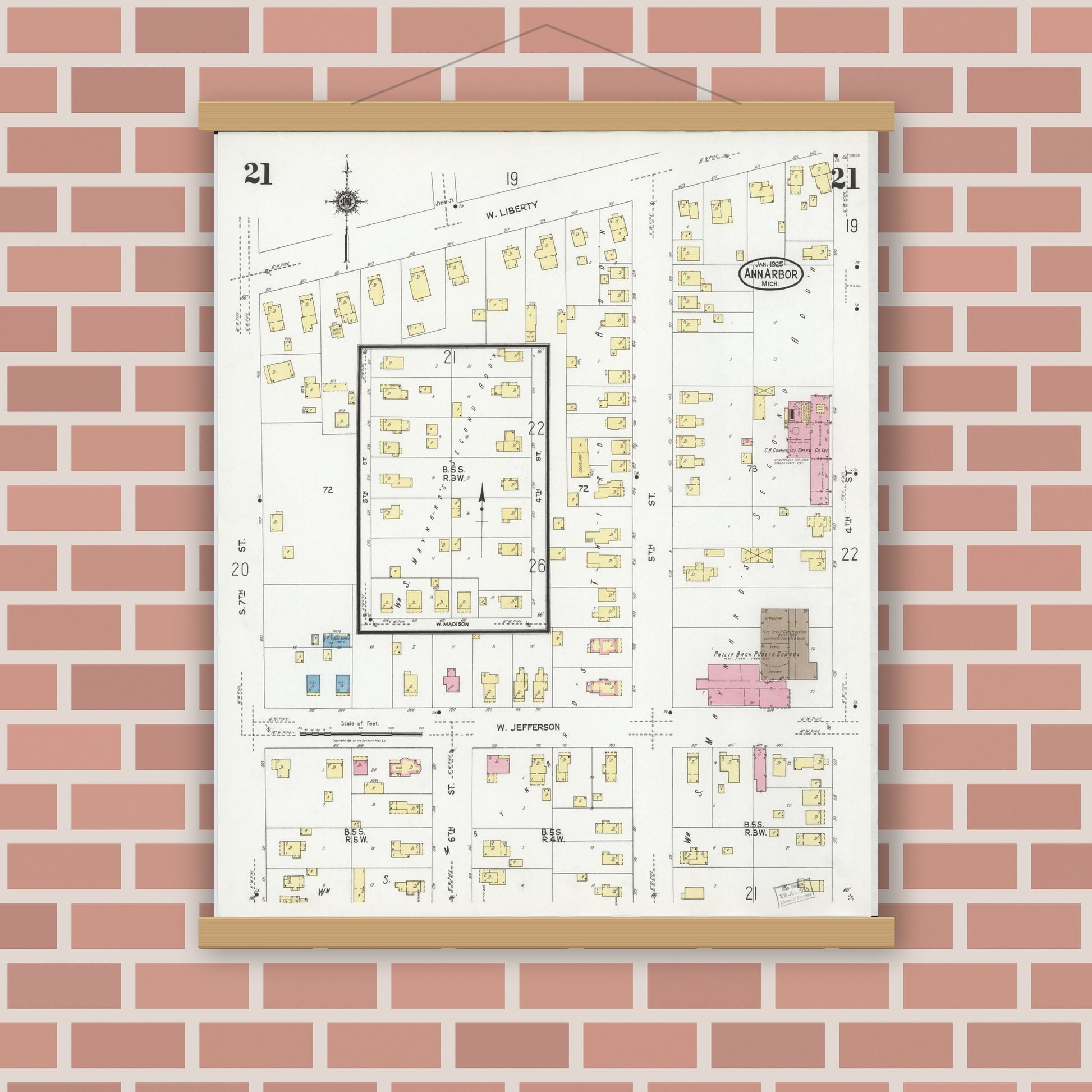 Old map wall art mockup — magnetic wood frame on brick wall — Sanborn Fire Insurance Map from Ann Arbor, Washtenaw County, Michigan (1925), Sheet #0021