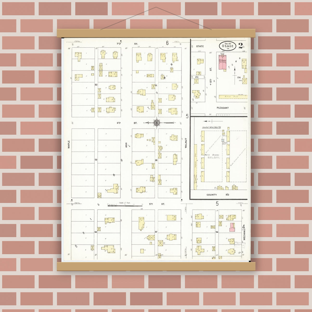 Old map wall art mockup — magnetic wood frame on brick wall — Sanborn Fire Insurance Map from Osage, Mitchell County, Iowa (1911), Sheet #0002