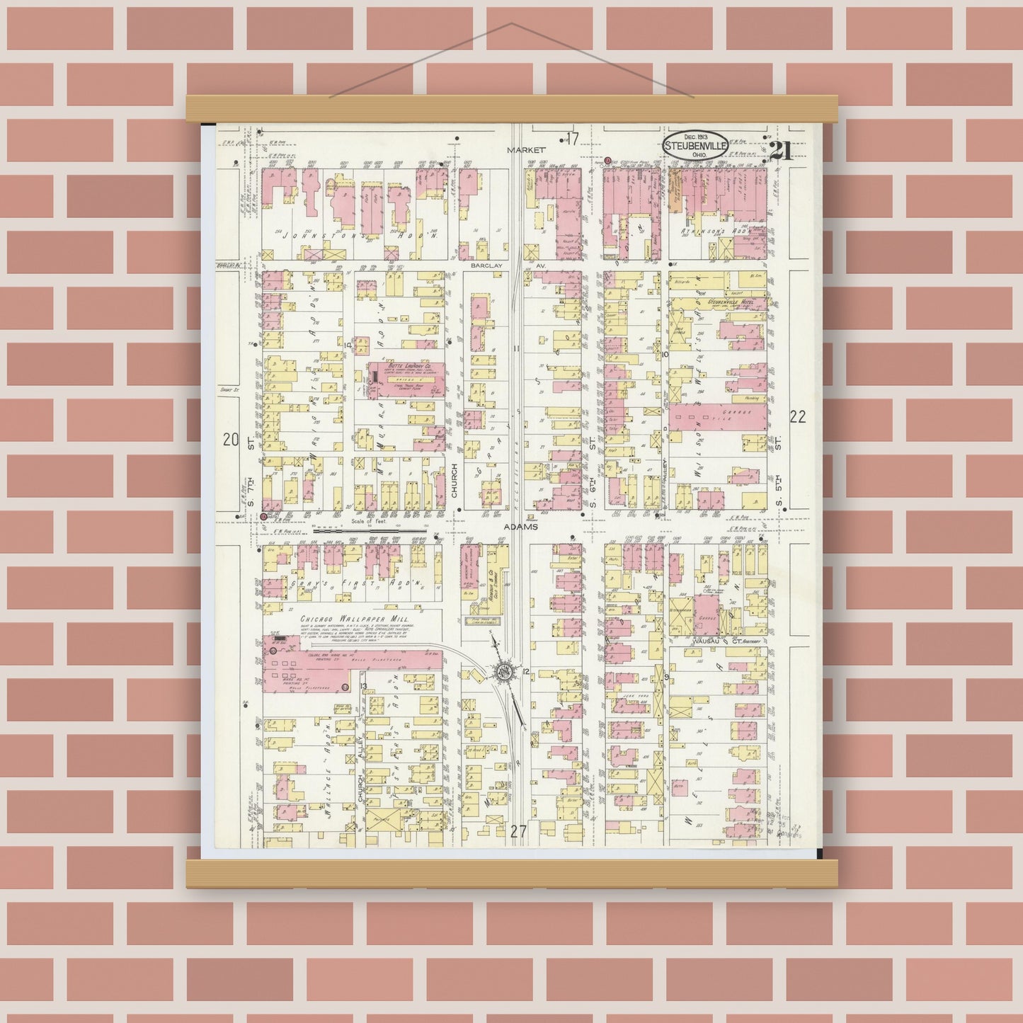 Old map wall art mockup — magnetic wood frame on brick wall — Sanborn Fire Insurance Map from Steubenville, Jefferson County, Ohio (1913), Sheet #0021