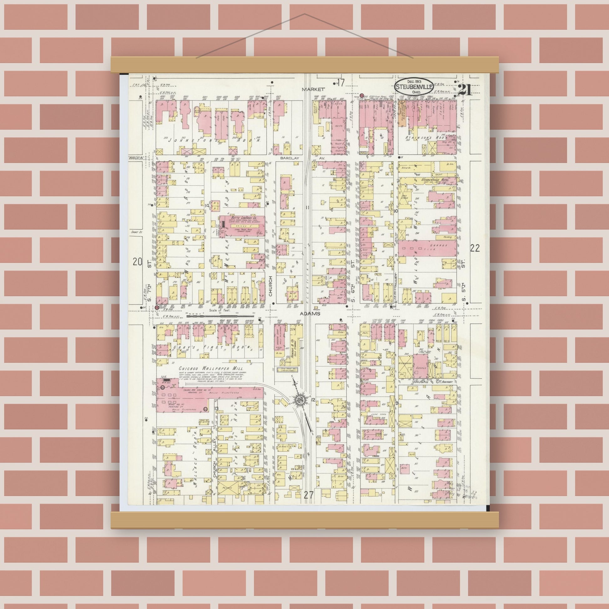 Old map wall art mockup — magnetic wood frame on brick wall — Sanborn Fire Insurance Map from Steubenville, Jefferson County, Ohio (1913), Sheet #0021