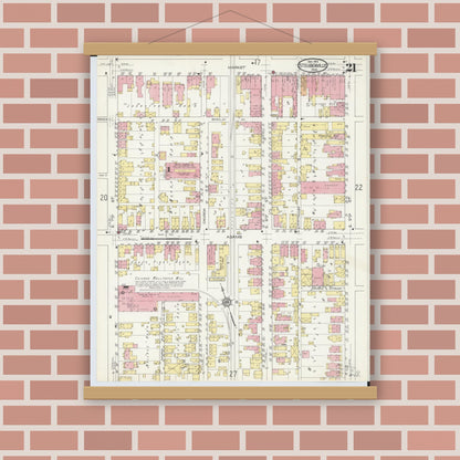 Old map wall art mockup — magnetic wood frame on brick wall — Sanborn Fire Insurance Map from Steubenville, Jefferson County, Ohio (1913), Sheet #0021