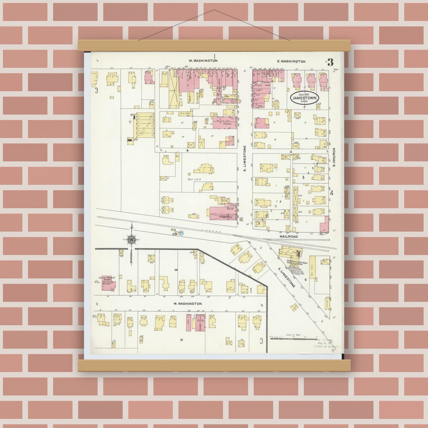 Old map wall art mockup — magnetic wood frame on brick wall — Sanborn Fire Insurance Map from Jamestown, Greene County, Ohio (1910), Sheet #0003