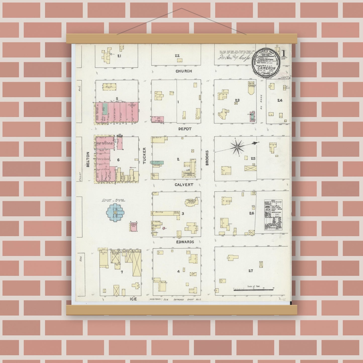 Old map wall art mockup — magnetic wood frame on brick wall — Sanborn Fire Insurance Map from Cameron, Milam County, Texas (1891), Sheet #0001