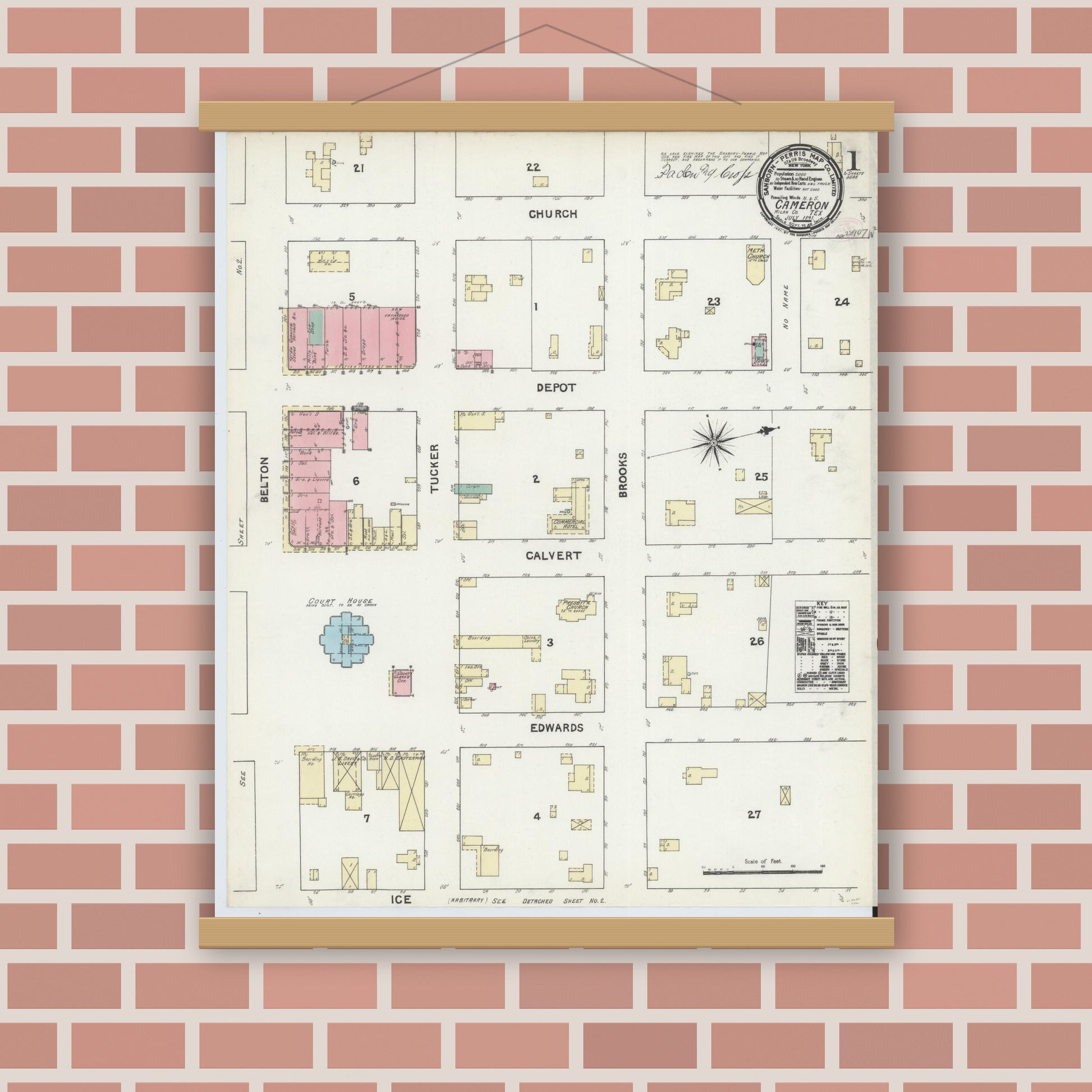 Old map wall art mockup — magnetic wood frame on brick wall — Sanborn Fire Insurance Map from Cameron, Milam County, Texas (1891), Sheet #0001
