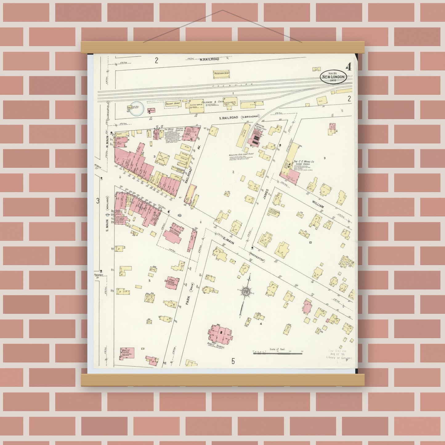 Old map wall art mockup — magnetic wood frame on brick wall — Sanborn Fire Insurance Map from New London, Huron County, Ohio (1911), Sheet #0004