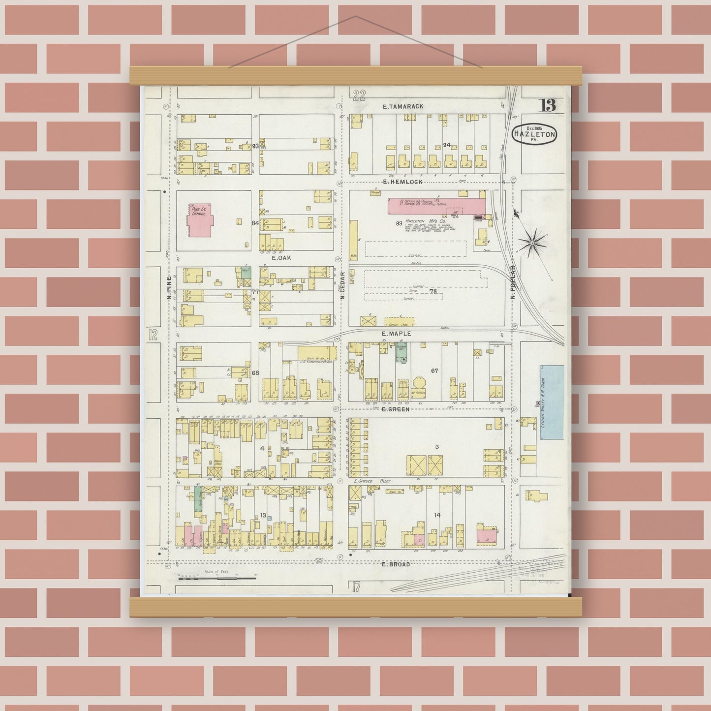 Old map wall art mockup — magnetic wood frame on brick wall — Sanborn Fire Insurance Map from Hazleton, Luzerne County, Pennsylvania (1895), Sheet #0013