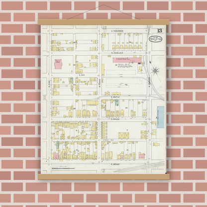 Old map wall art mockup — magnetic wood frame on brick wall — Sanborn Fire Insurance Map from Hazleton, Luzerne County, Pennsylvania (1895), Sheet #0013