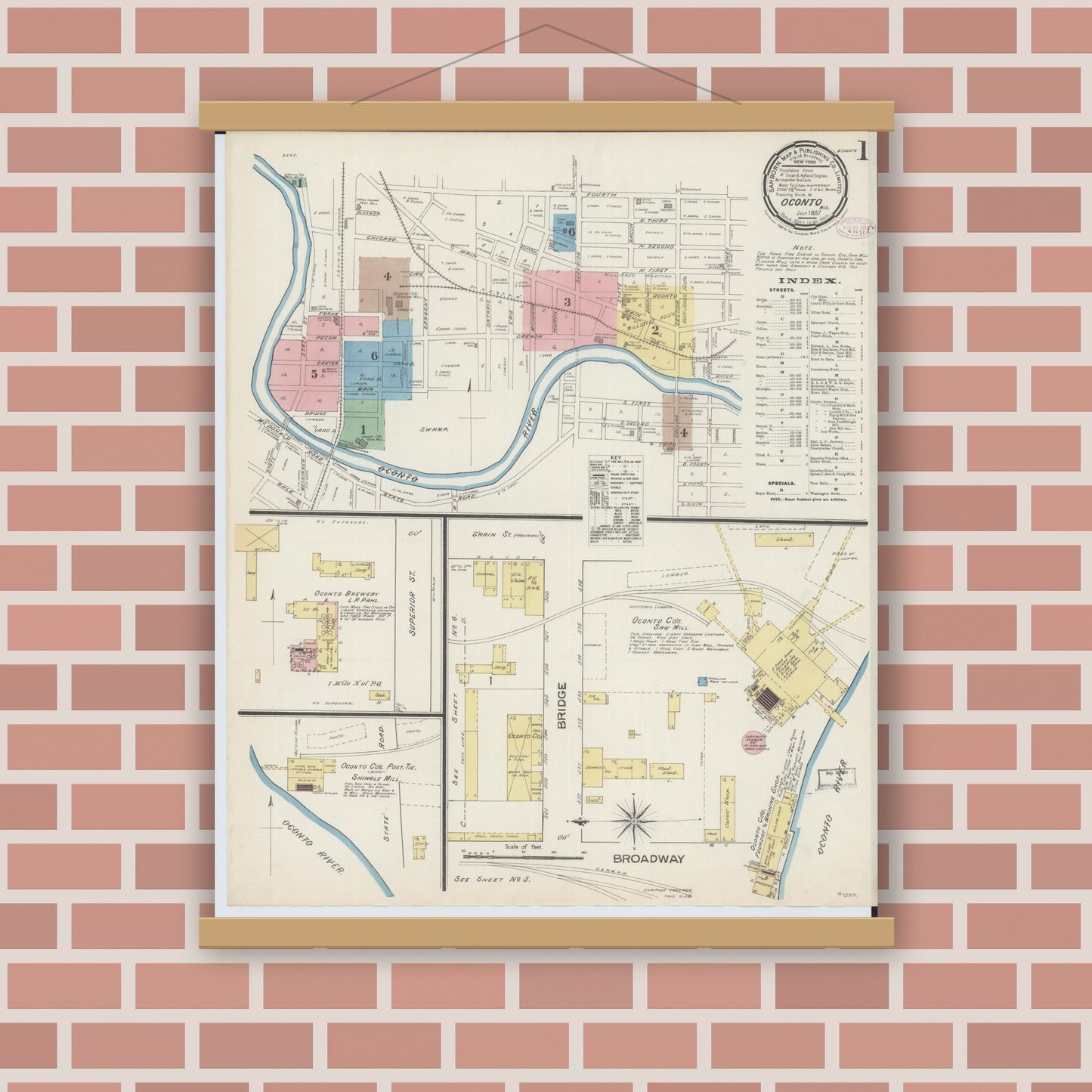 Old map wall art mockup — magnetic wood frame on brick wall — Sanborn Fire Insurance Map from Oconto, Oconto County, Wisconsin (1887), Sheet #0001