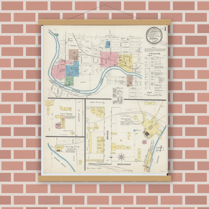 Old map wall art mockup — magnetic wood frame on brick wall — Sanborn Fire Insurance Map from Oconto, Oconto County, Wisconsin (1887), Sheet #0001