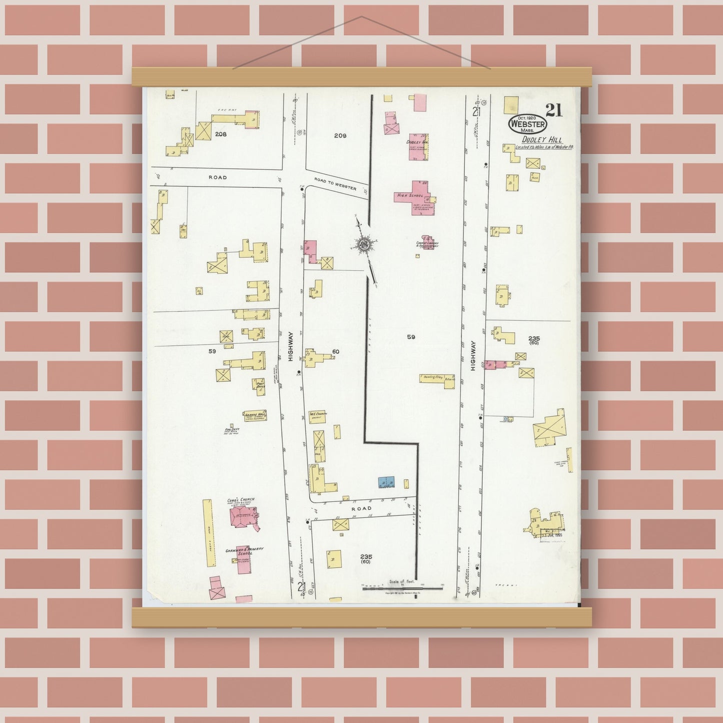 Old map wall art mockup — magnetic wood frame on brick wall — Sanborn Fire Insurance Map from Webster, Worcester County, Massachusetts (1920), Sheet #0021