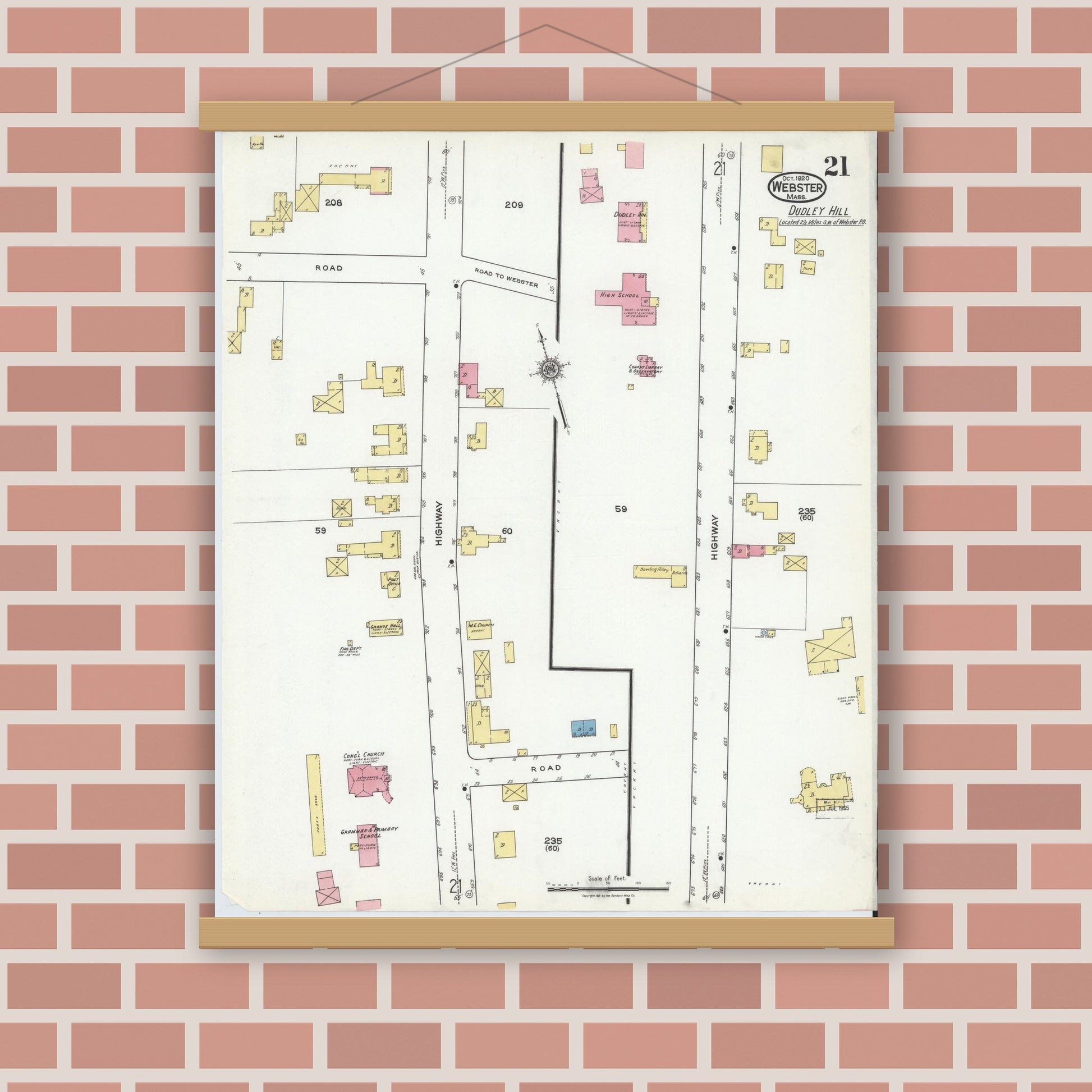 Old map wall art mockup — magnetic wood frame on brick wall — Sanborn Fire Insurance Map from Webster, Worcester County, Massachusetts (1920), Sheet #0021