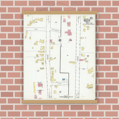 Old map wall art mockup — magnetic wood frame on brick wall — Sanborn Fire Insurance Map from Webster, Worcester County, Massachusetts (1920), Sheet #0021