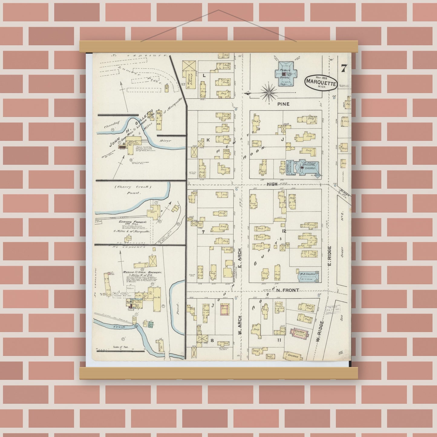 Old map wall art mockup — magnetic wood frame on brick wall — Sanborn Fire Insurance Map from Marquette, Marquette County, Michigan (1888), Sheet #0007