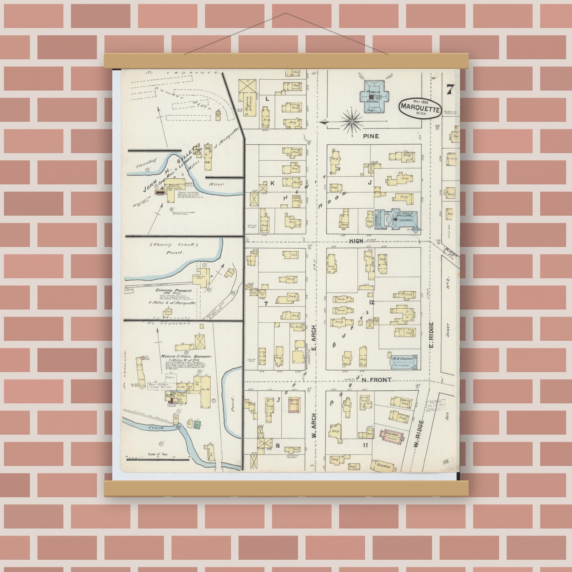 Old map wall art mockup — magnetic wood frame on brick wall — Sanborn Fire Insurance Map from Marquette, Marquette County, Michigan (1888), Sheet #0007