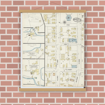 Old map wall art mockup — magnetic wood frame on brick wall — Sanborn Fire Insurance Map from Marquette, Marquette County, Michigan (1888), Sheet #0007