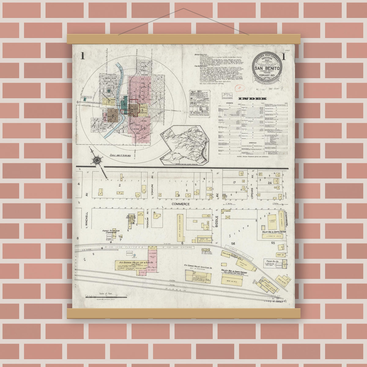 Old map wall art mockup — magnetic wood frame on brick wall — Sanborn Fire Insurance Map from San Benito, Cameron County, Texas (1925) - Complete Map Set