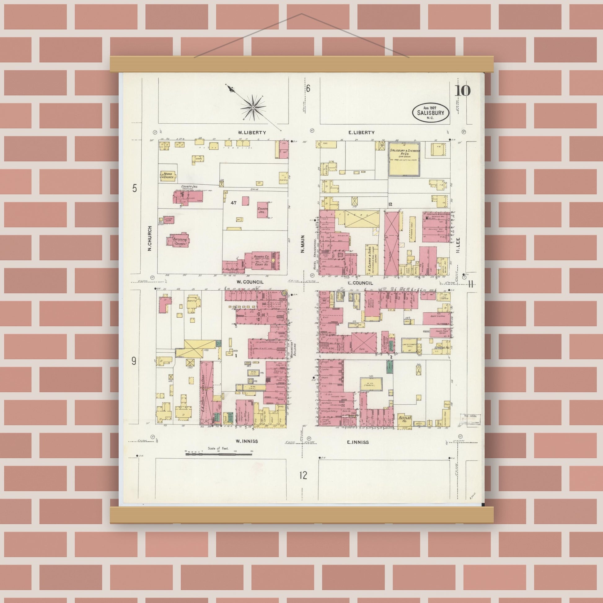 Old map wall art mockup — magnetic wood frame on brick wall — Sanborn Fire Insurance Map from Salisbury, Rowan County, North Carolina (1907), Sheet #0010