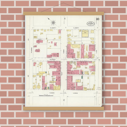 Old map wall art mockup — magnetic wood frame on brick wall — Sanborn Fire Insurance Map from Salisbury, Rowan County, North Carolina (1907), Sheet #0010