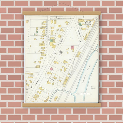 Old map wall art mockup — magnetic wood frame on brick wall — Sanborn Fire Insurance Map from Bath, Steuben County, New York (1898), Sheet #0006