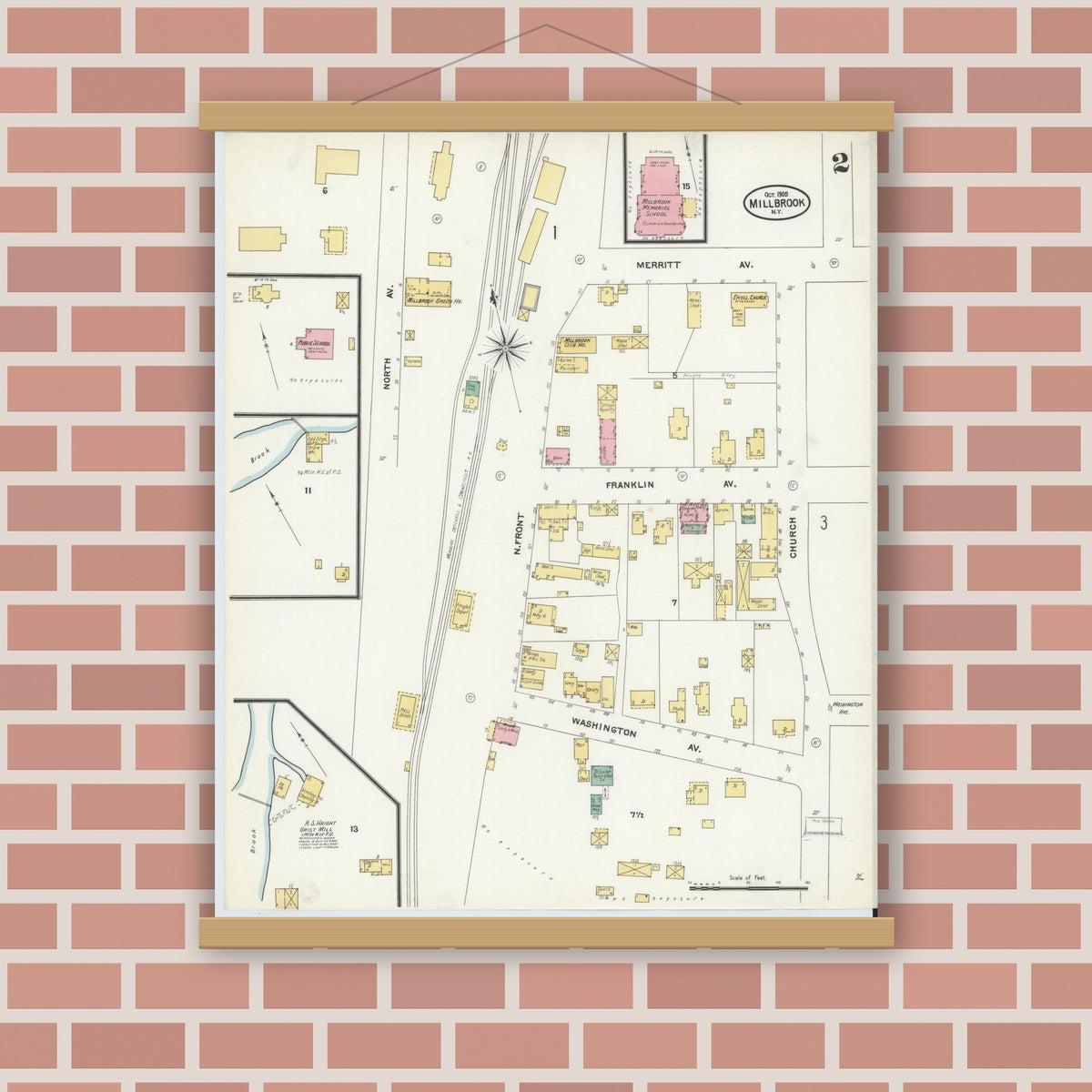 Old map wall art mockup — magnetic wood frame on brick wall — Sanborn Fire Insurance Map from Millbrook, Dutchess County, New York (1905), Sheet #0002