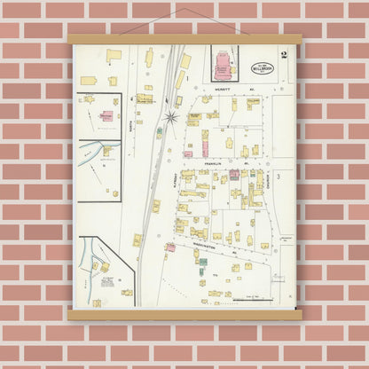 Old map wall art mockup — magnetic wood frame on brick wall — Sanborn Fire Insurance Map from Millbrook, Dutchess County, New York (1905), Sheet #0002