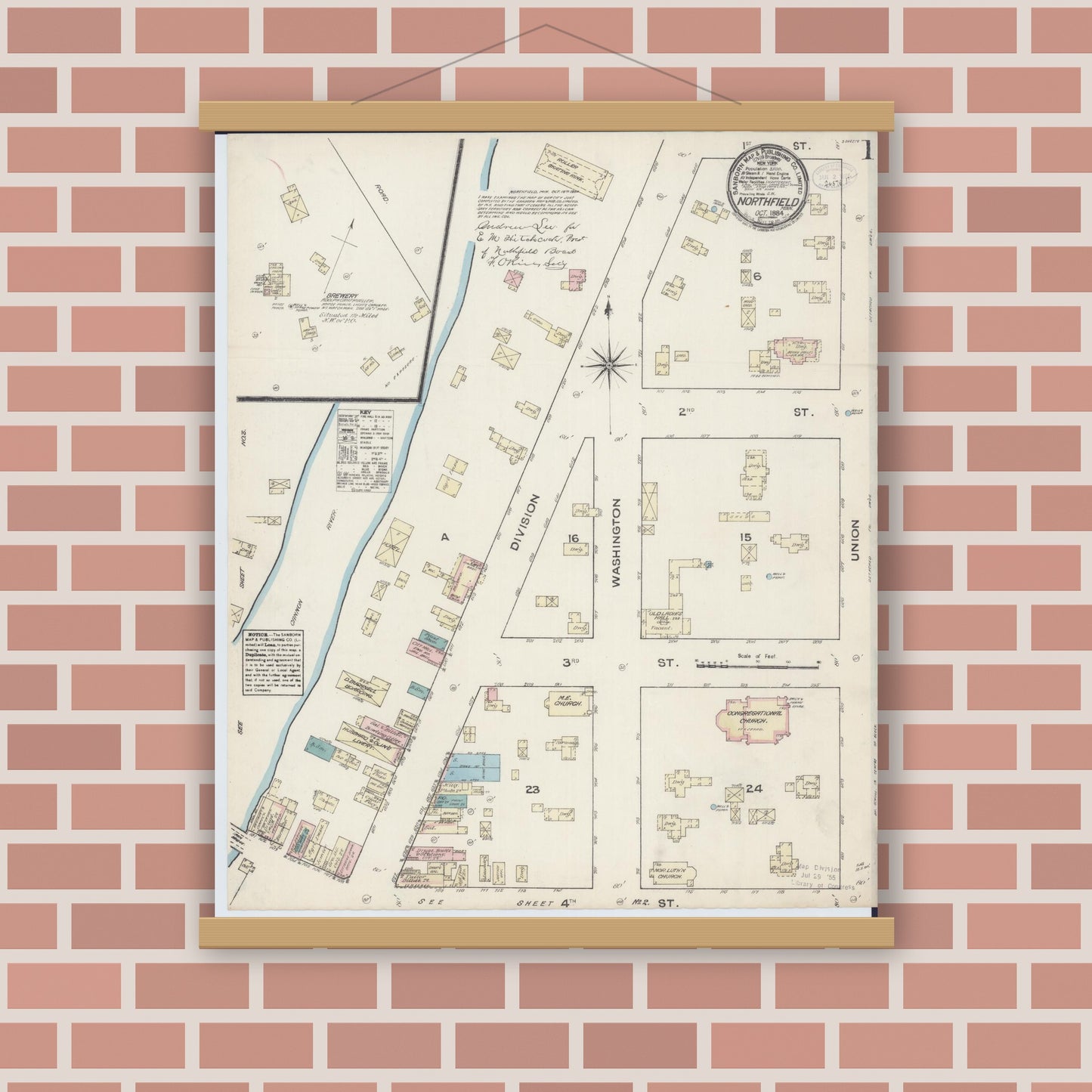 Old map wall art mockup — magnetic wood frame on brick wall — Sanborn Fire Insurance Map from Northfield, Rice County, Minnesota (1884), Sheet #0001