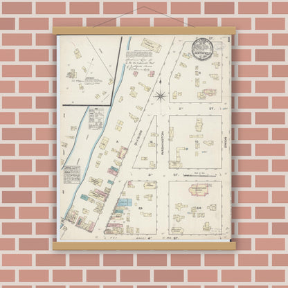 Old map wall art mockup — magnetic wood frame on brick wall — Sanborn Fire Insurance Map from Northfield, Rice County, Minnesota (1884), Sheet #0001
