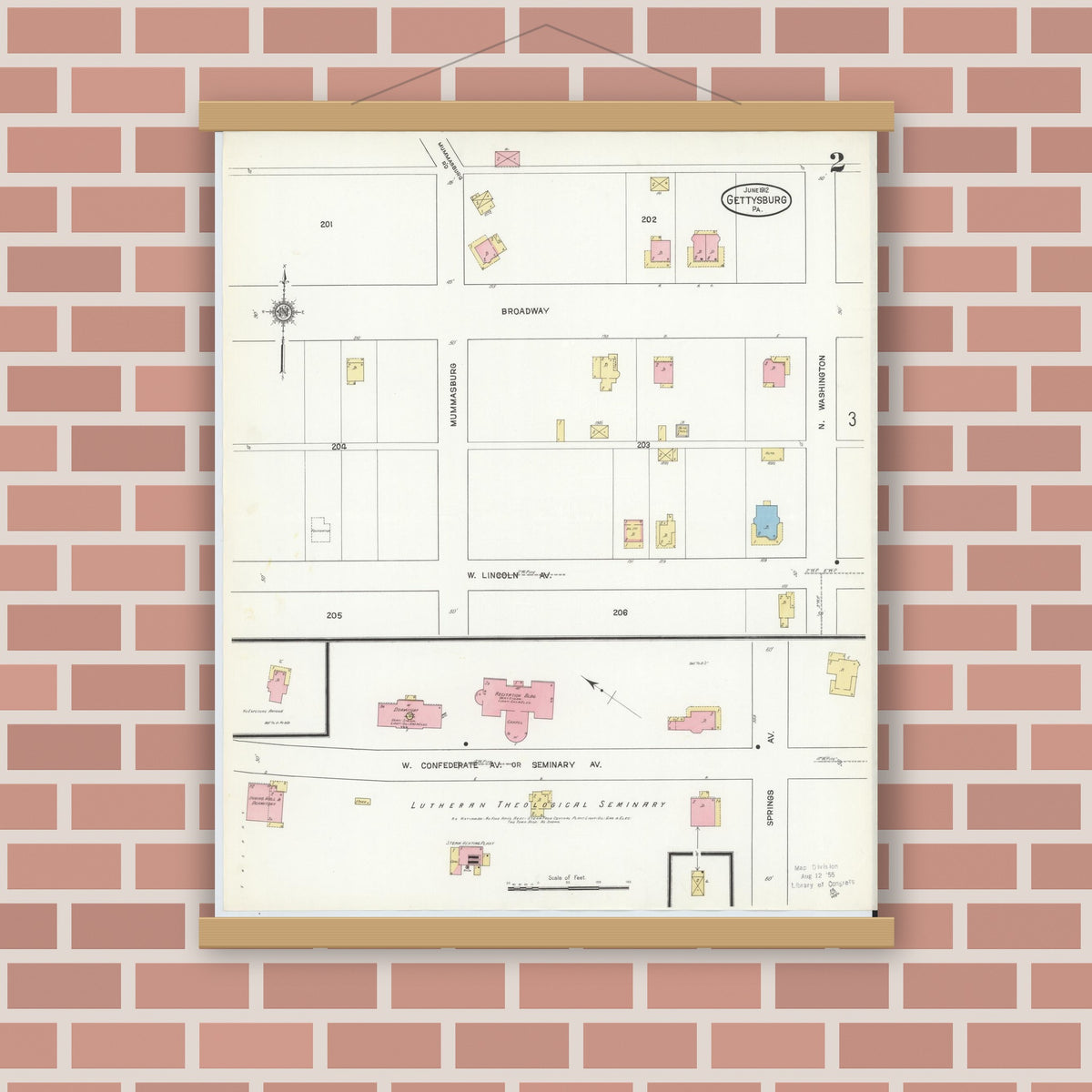 Old map wall art mockup — magnetic wood frame on brick wall — Sanborn Fire Insurance Map from Gettysburg, Adams County, Pennsylvania (1912), Sheet #0002