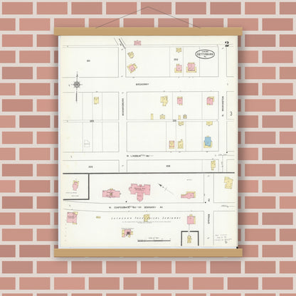 Old map wall art mockup — magnetic wood frame on brick wall — Sanborn Fire Insurance Map from Gettysburg, Adams County, Pennsylvania (1912), Sheet #0002