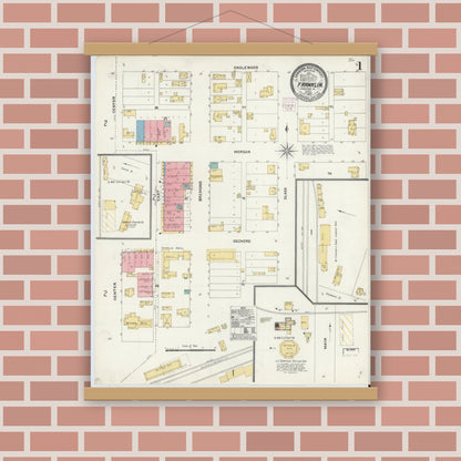 Old map wall art mockup — magnetic wood frame on brick wall — Sanborn Fire Insurance Map from Franklin, Robertson County, Texas (1905), Sheet #0001