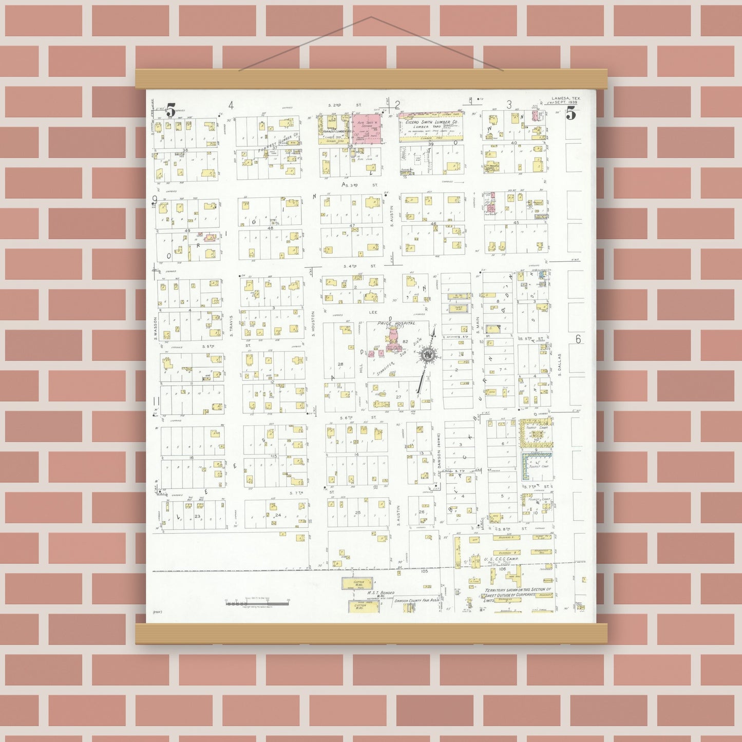 Old map wall art mockup — magnetic wood frame on brick wall — Sanborn Fire Insurance Map from Lamesa, Dawson County, Texas (1939), Sheet #0005